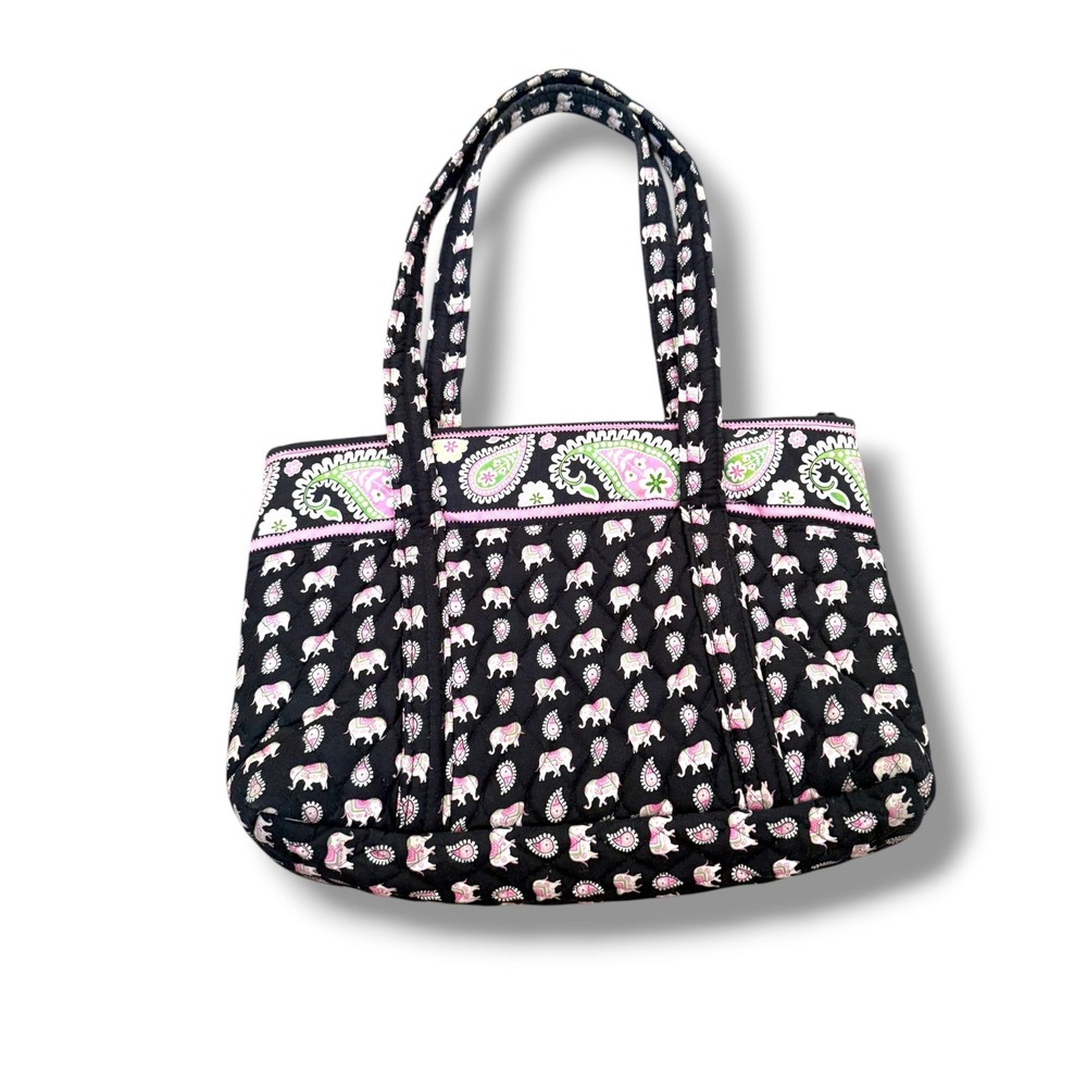 Vera Bradley Pink Elephants Tote Bag Womens Medium Black Paisley Quilted Cotton